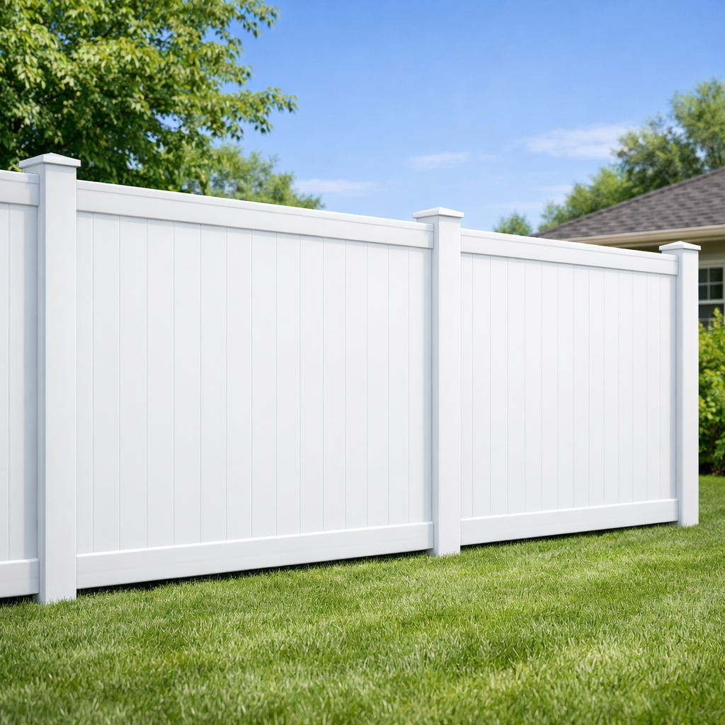 Clean white vinyl privacy fence after professional fence cleaning