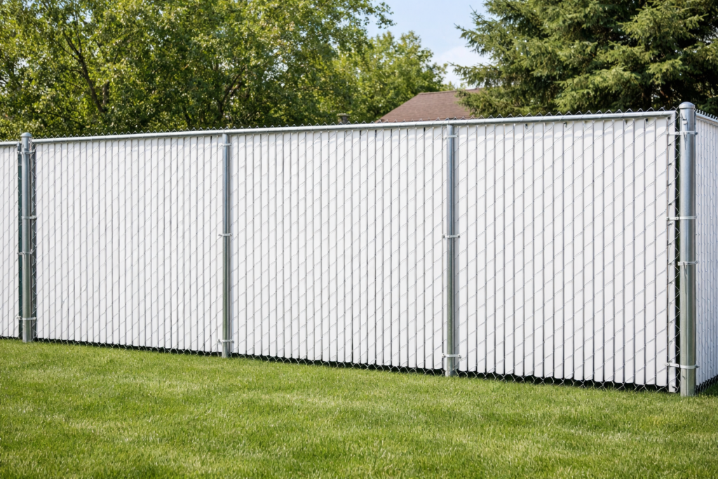White vinyl privacy fence with chain link section after cleaning