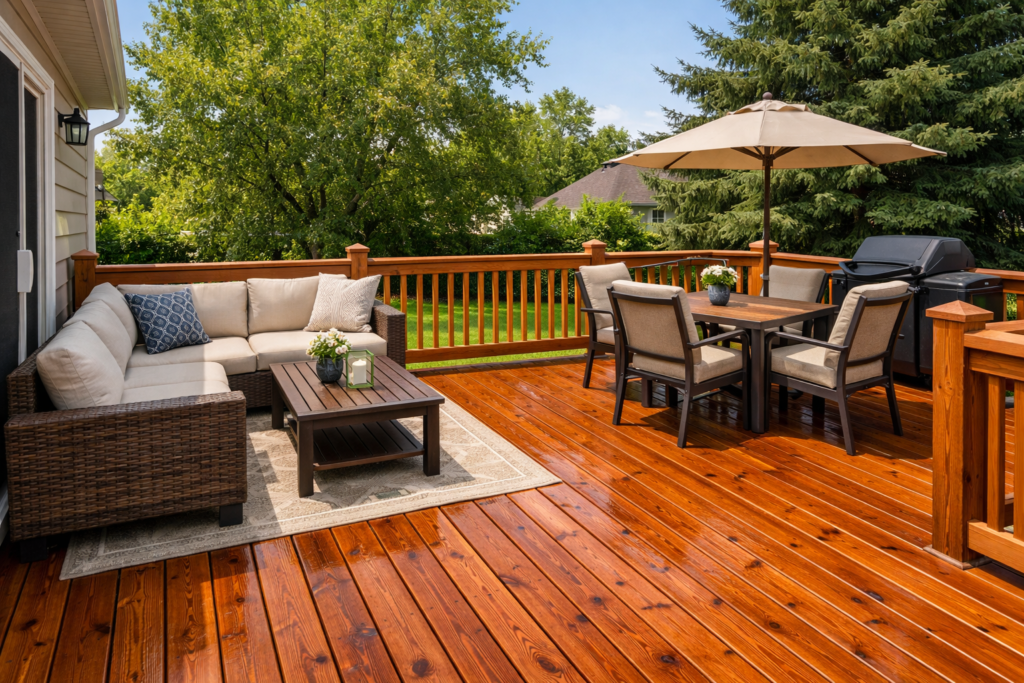 Beautiful clean wooden deck with patio furniture after deck cleaning