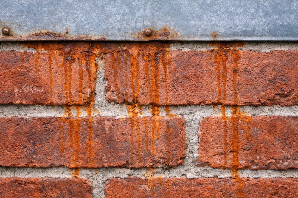Rust stains running down red brick wall needing rust removal service