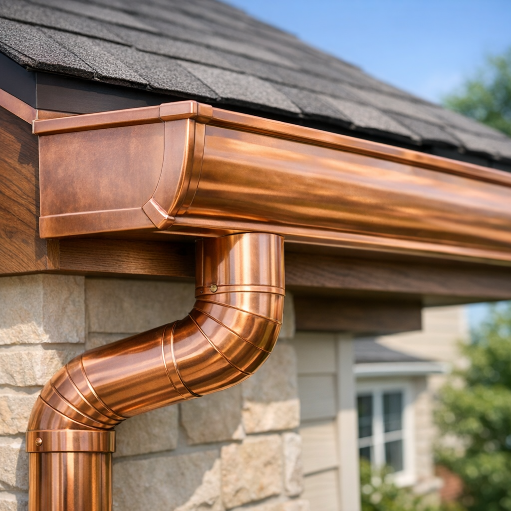 Copper gutter detail on home exterior
