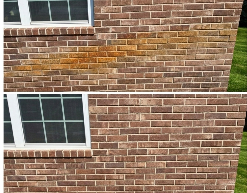Rust stains on brick wall before and after professional cleaning